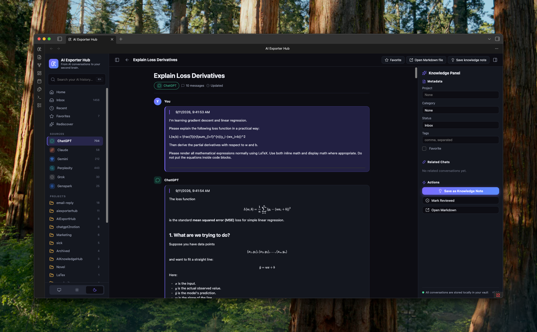 AI Knowledge Hub for Obsidian conversation detail page showing an imported AI conversation and its surrounding knowledge context
