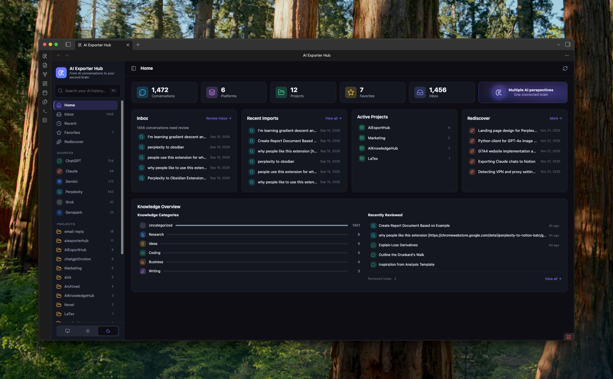 AI Knowledge Hub for Obsidian home dashboard showing conversations, platforms, projects, inbox, recent imports, active projects, rediscovery, and knowledge categories