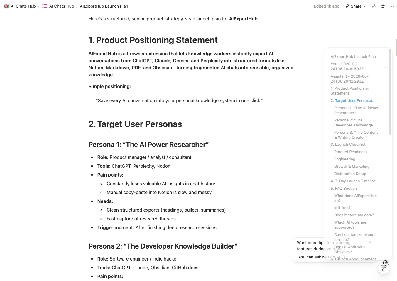AI chat exported into a structured Notion page