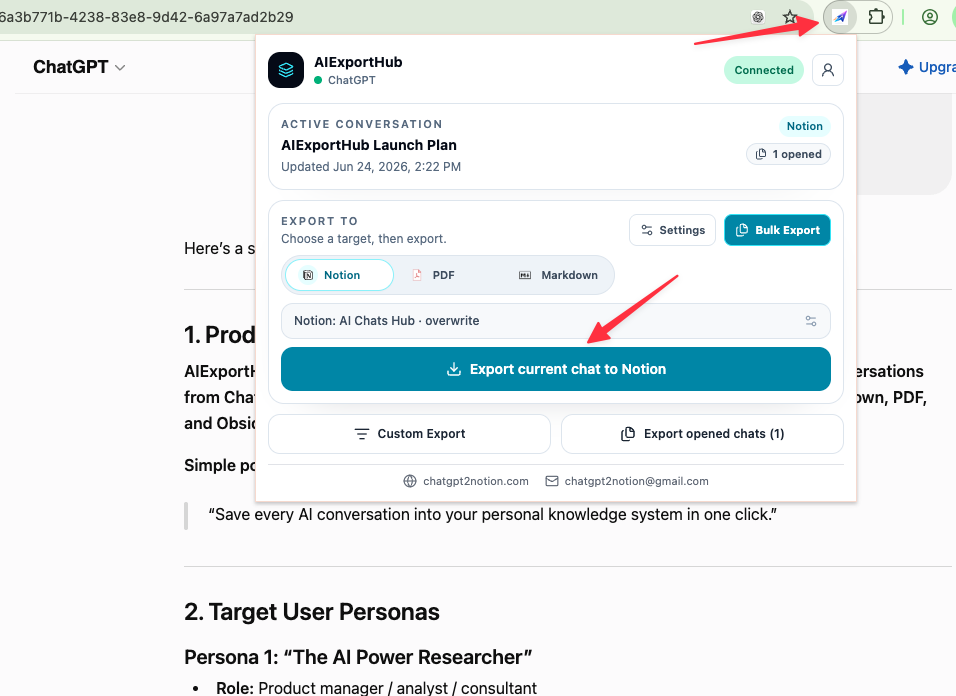 AIExportHub popup for exporting an active AI chat