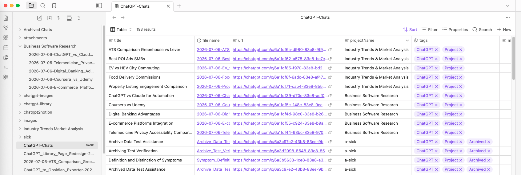 Obsidian Bases table built from ChatGPT export metadata
