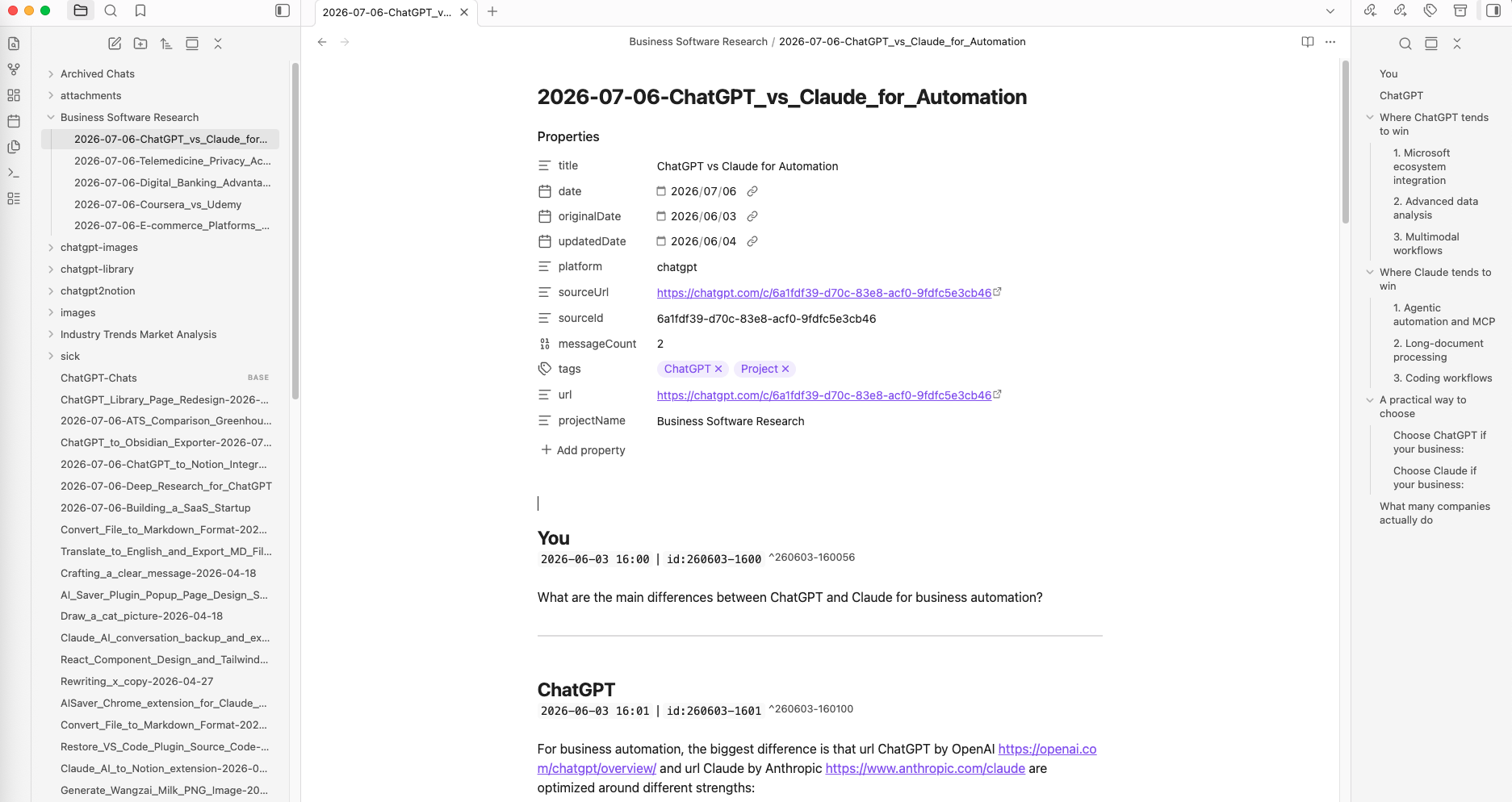 Obsidian Properties showing ChatGPT export metadata