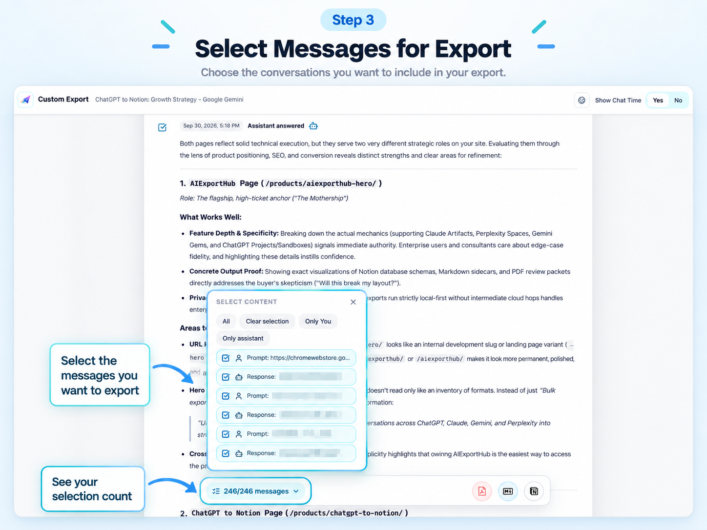 AI Exporter Hub message selection and Markdown export interface for a Gemini conversation