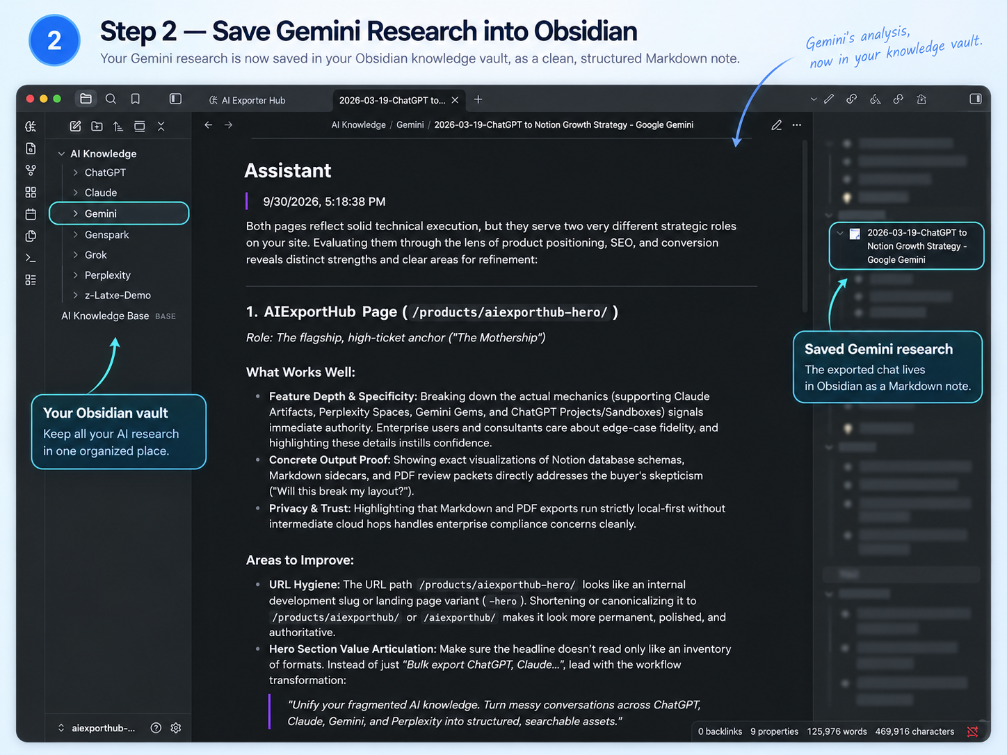 Gemini research saved as a Markdown note inside an Obsidian vault
