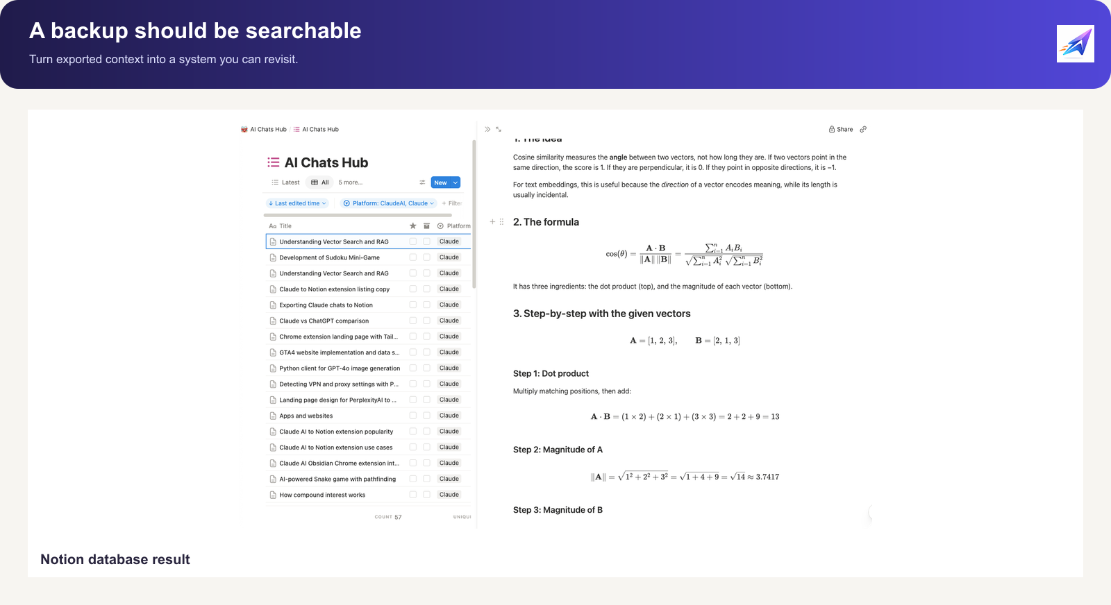 Claude export organized in a Notion database