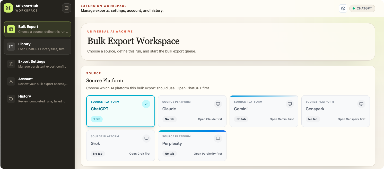AI Exporter Hub Bulk Export Workspace with source platform choices: ChatGPT, Claude, Gemini, Genspark, Grok, and Perplexity
