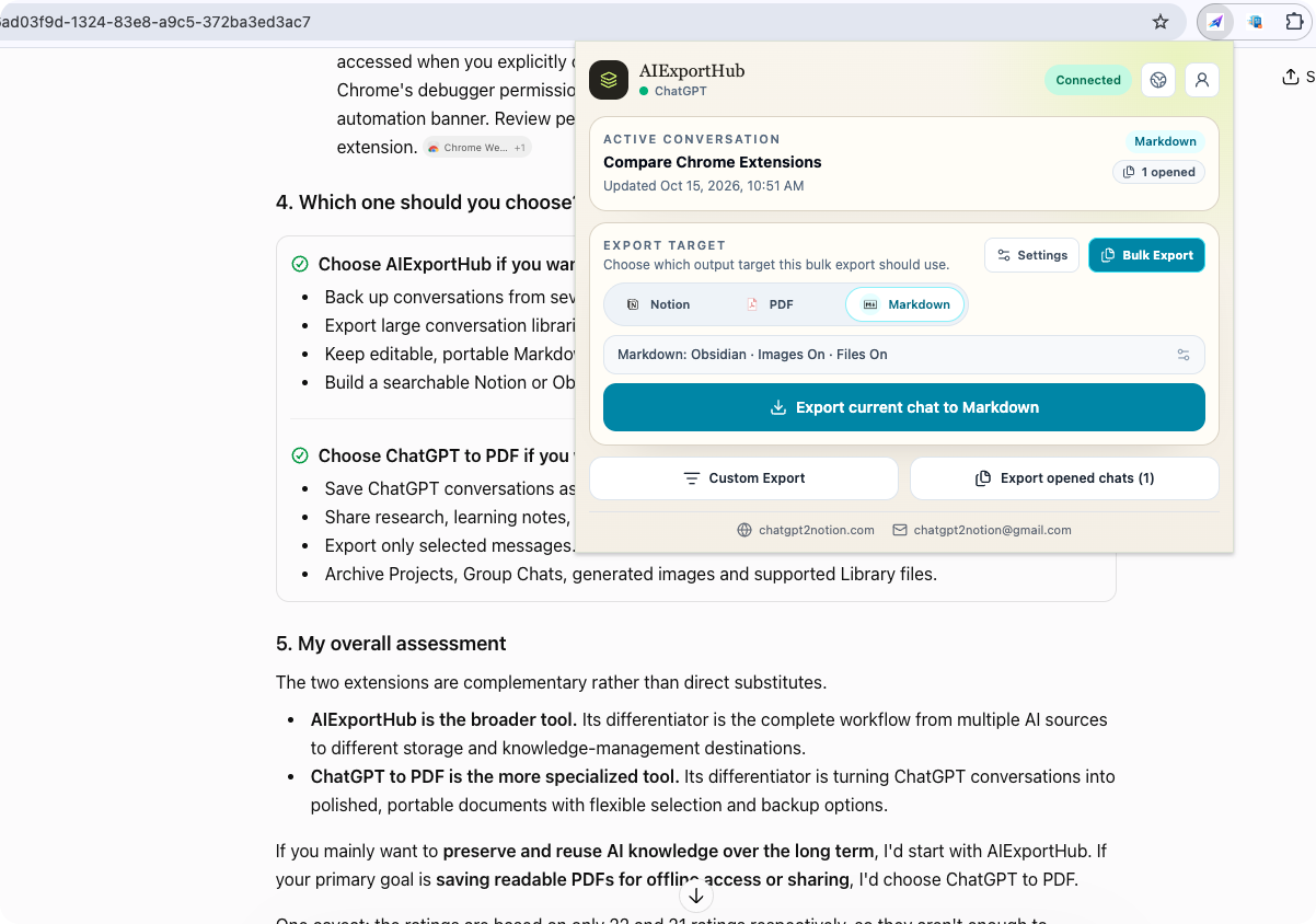 AI Exporter Hub popup showing Notion, PDF, and Markdown export targets for the active ChatGPT conversation
