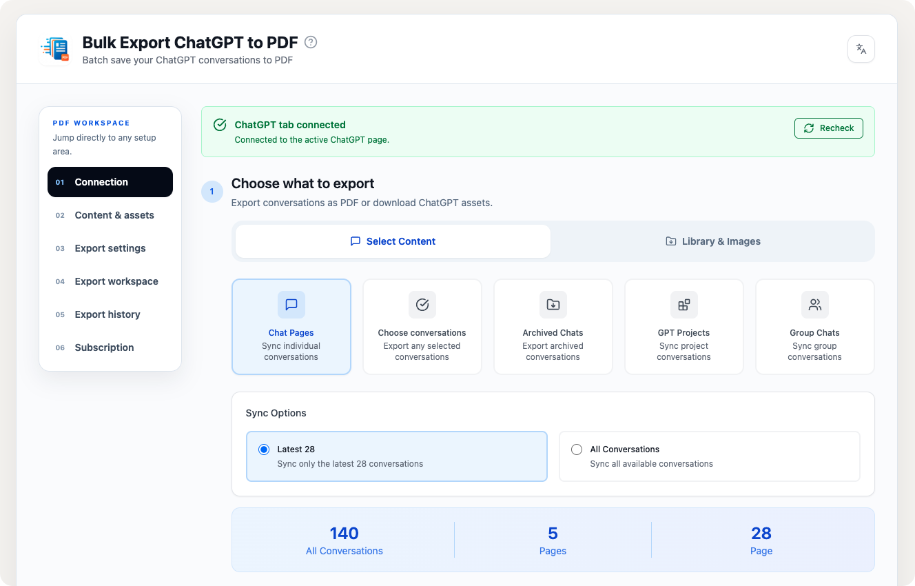 Bulk Export ChatGPT to PDF workspace with options for Chat Pages, Archived Chats, GPT Projects, and Group Chats