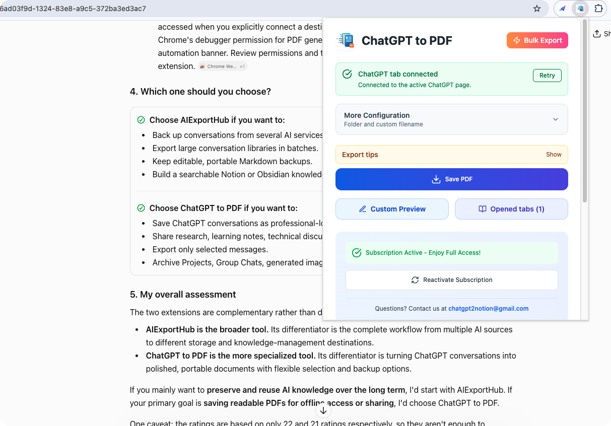 ChatGPT to PDF extension popup connected to an active ChatGPT tab, with Save PDF, Custom Preview, and Bulk Export options