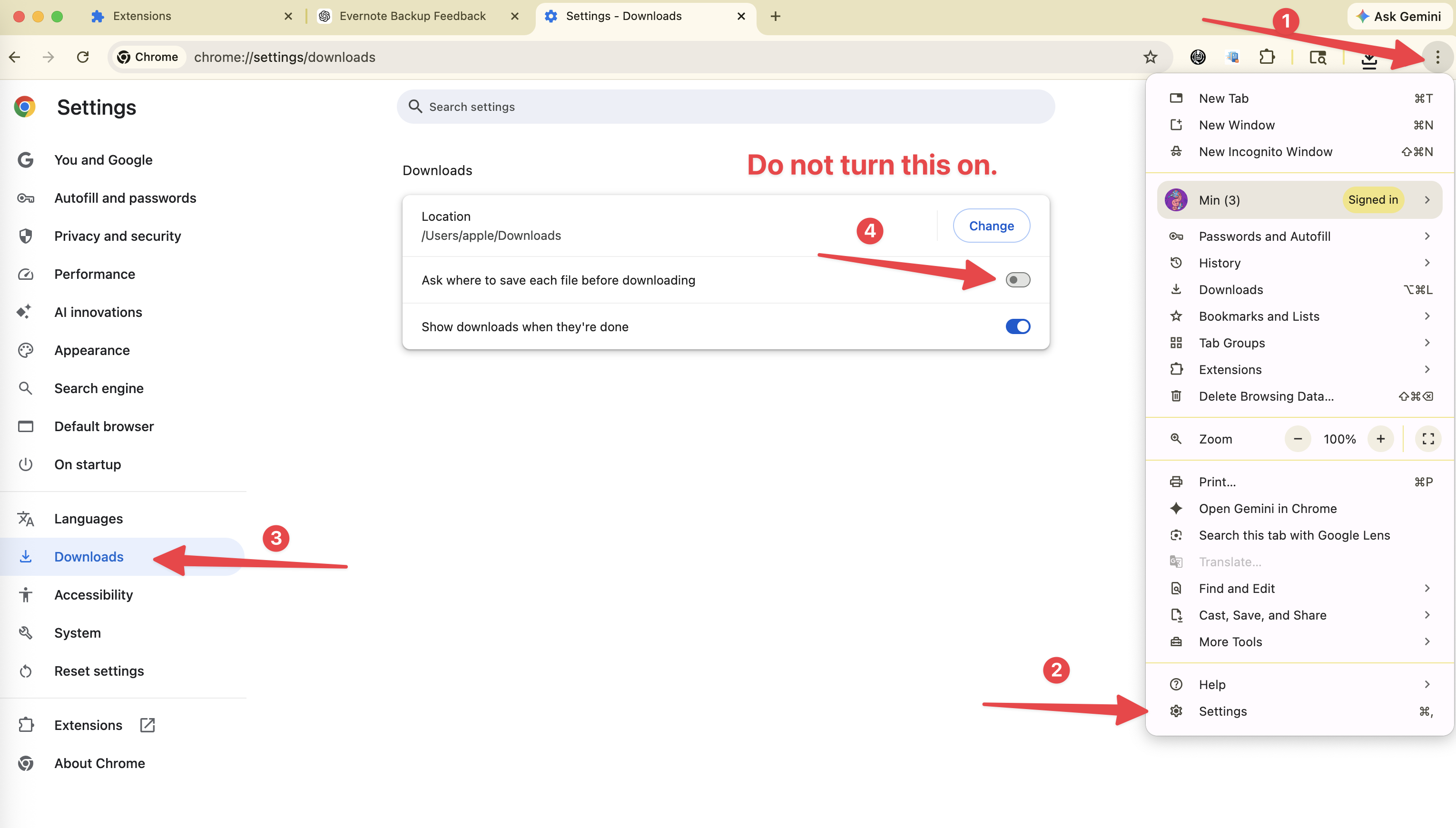 Chrome Download Settings Interface