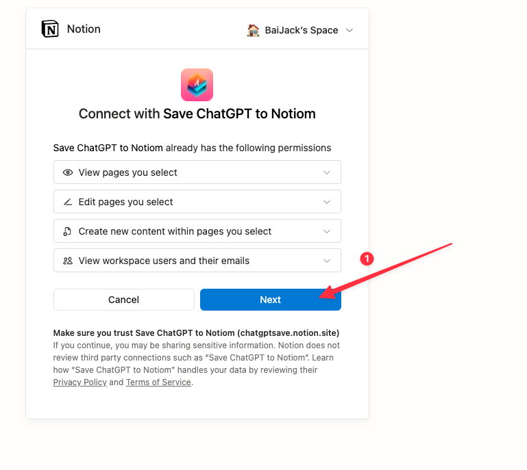 Click Next on the Notion authorization page