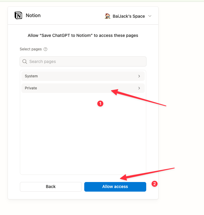 Select Private in Notion authorization