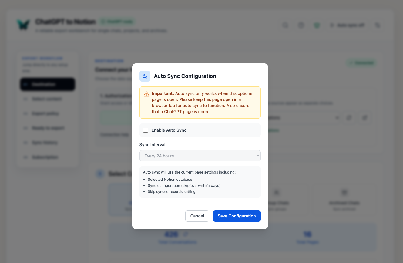 Auto Sync configuration dialog with interval and open-page requirements