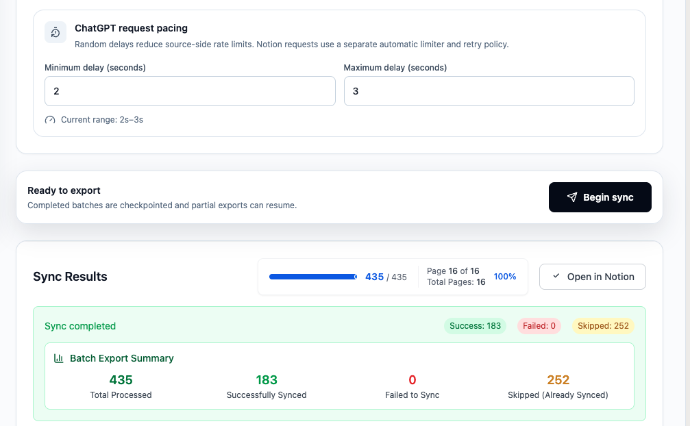 Batch Sync recovery run with 2–3 second ChatGPT request pacing