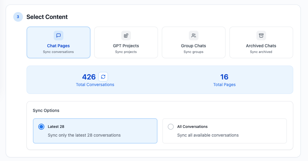 Chat Pages mode with conversation totals and sync range options
