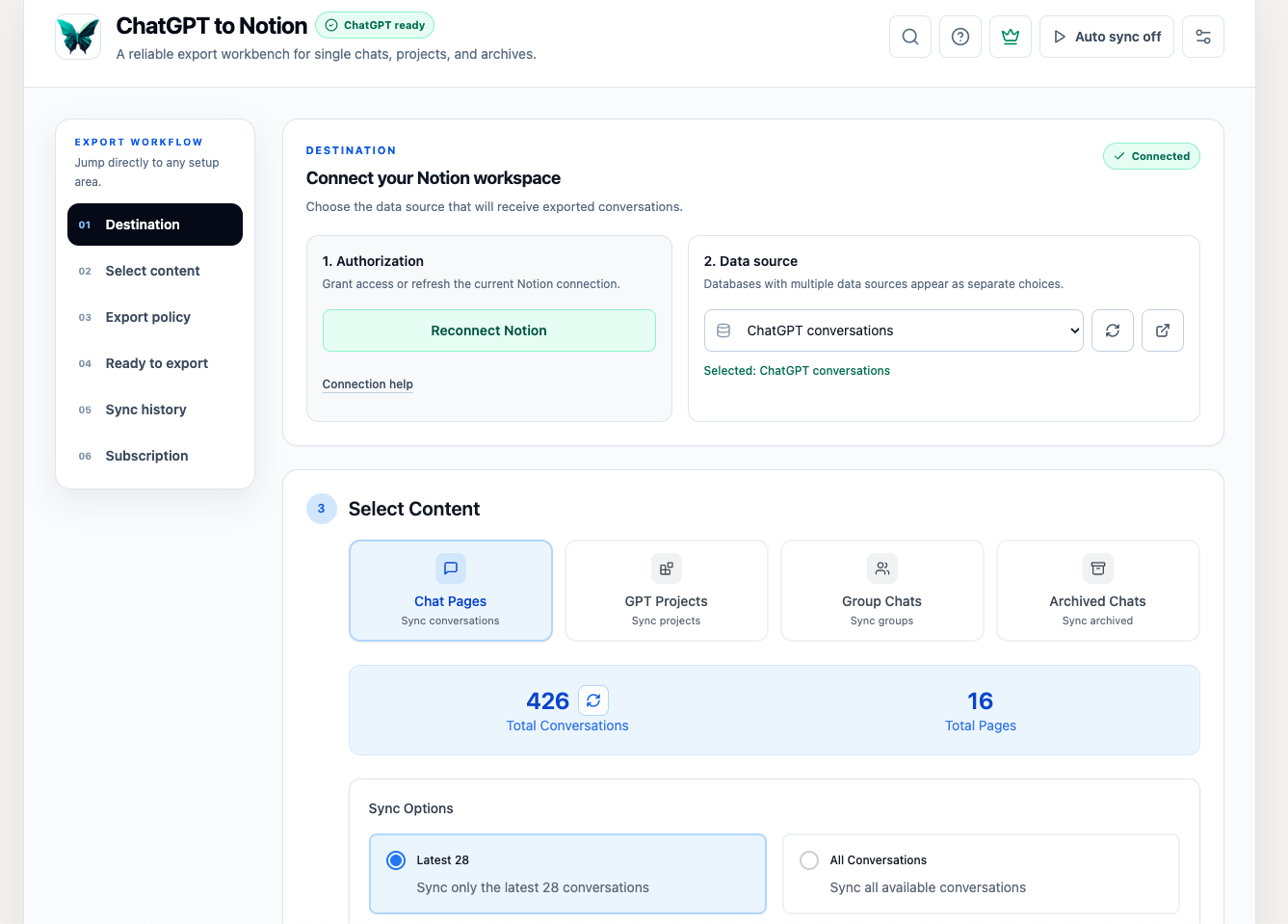 Batch Sync overview with navigation, Notion destination, and content sources