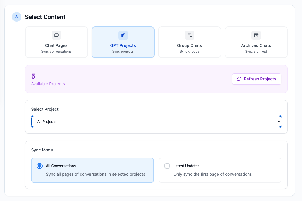 GPT Projects mode with project and sync range controls