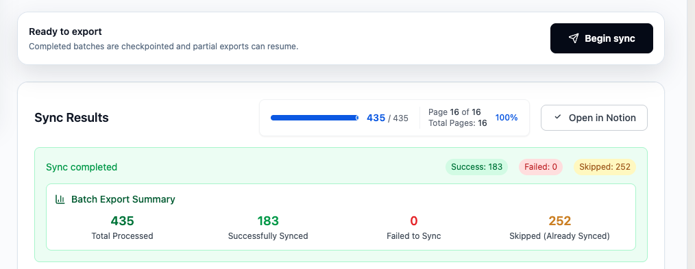 Completed Batch Sync result with success, failure, and skipped totals
