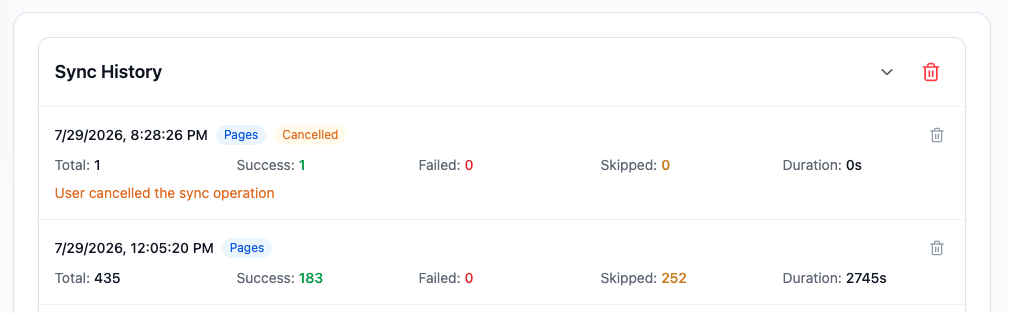 Batch Sync history with completed and cancelled runs
