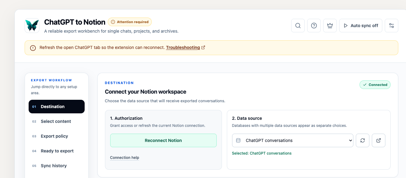 Batch Sync showing that the ChatGPT tab needs attention and a refresh