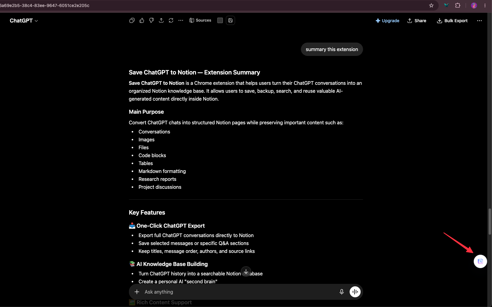 Floating ChatGPT to Notion shortcut on a ChatGPT conversation page