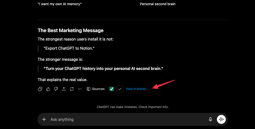 Inline save action and View in Notion link beside one ChatGPT response