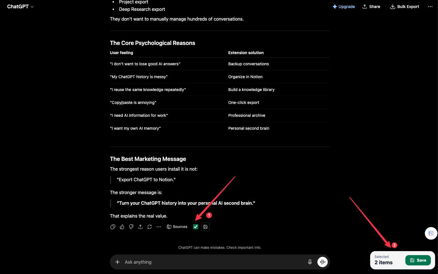 Select multiple ChatGPT answers and save them together to Notion