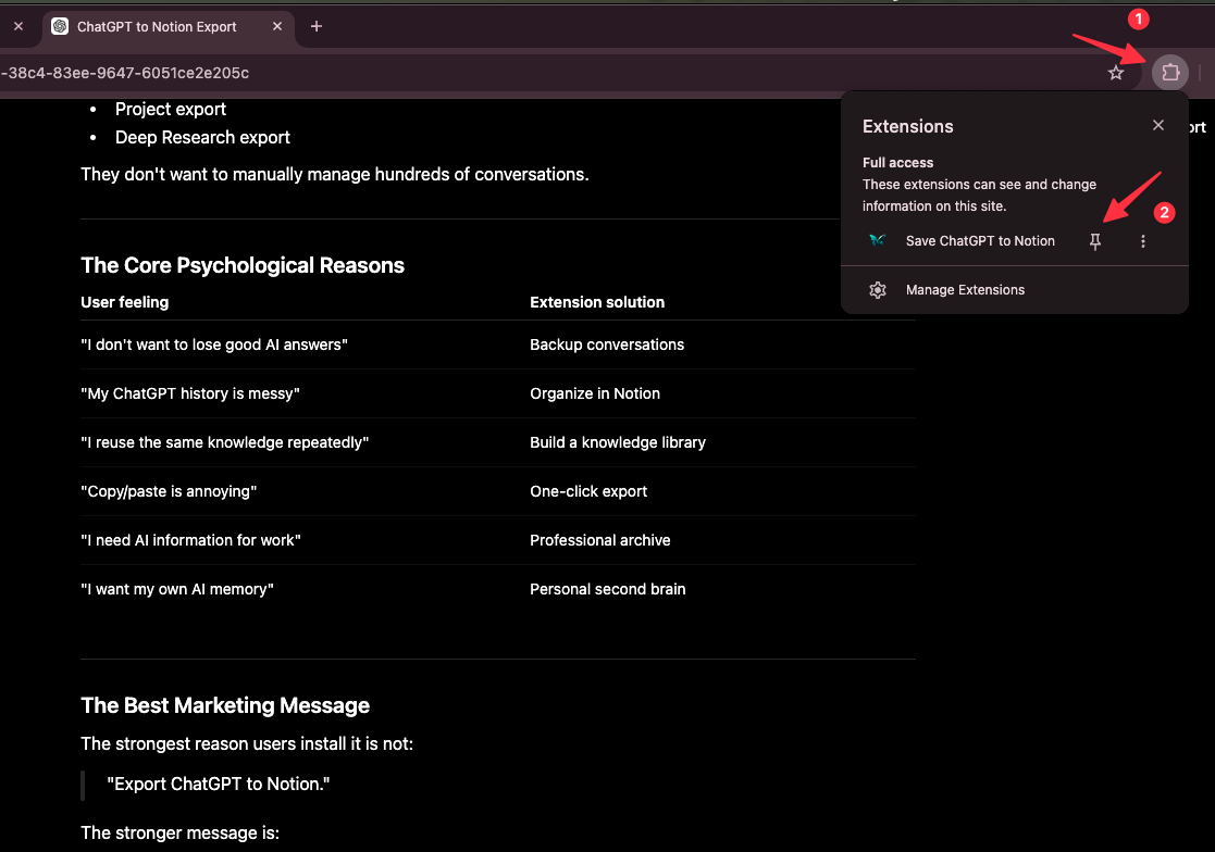 Pin ChatGPT to Notion from the Chrome extensions menu