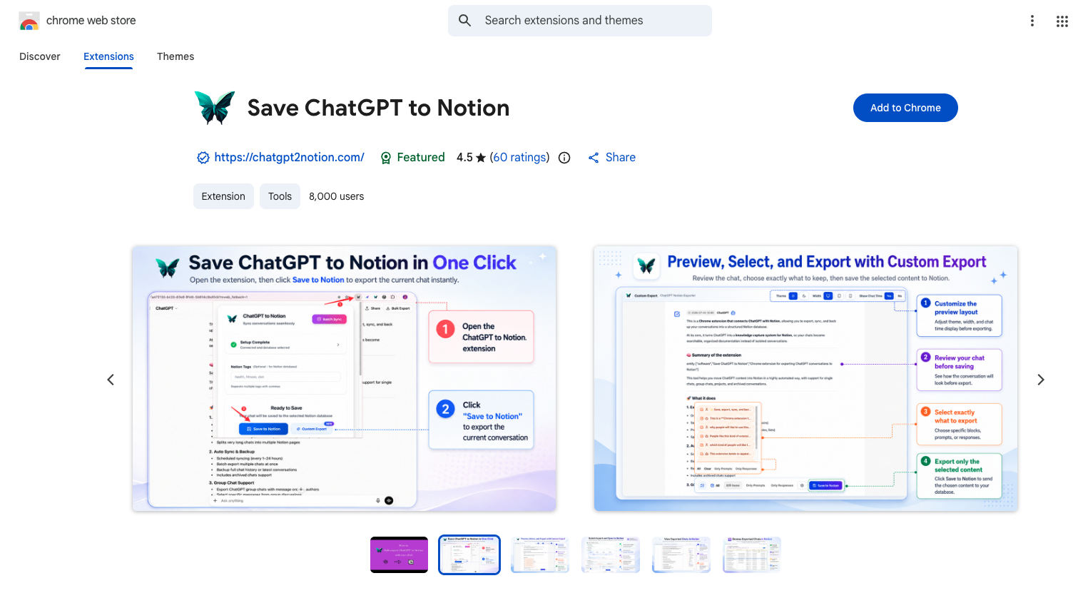 ChatGPT to Notion listing in the Chrome Web Store