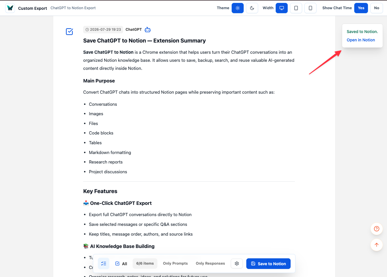 Custom Export success notification with Open in Notion