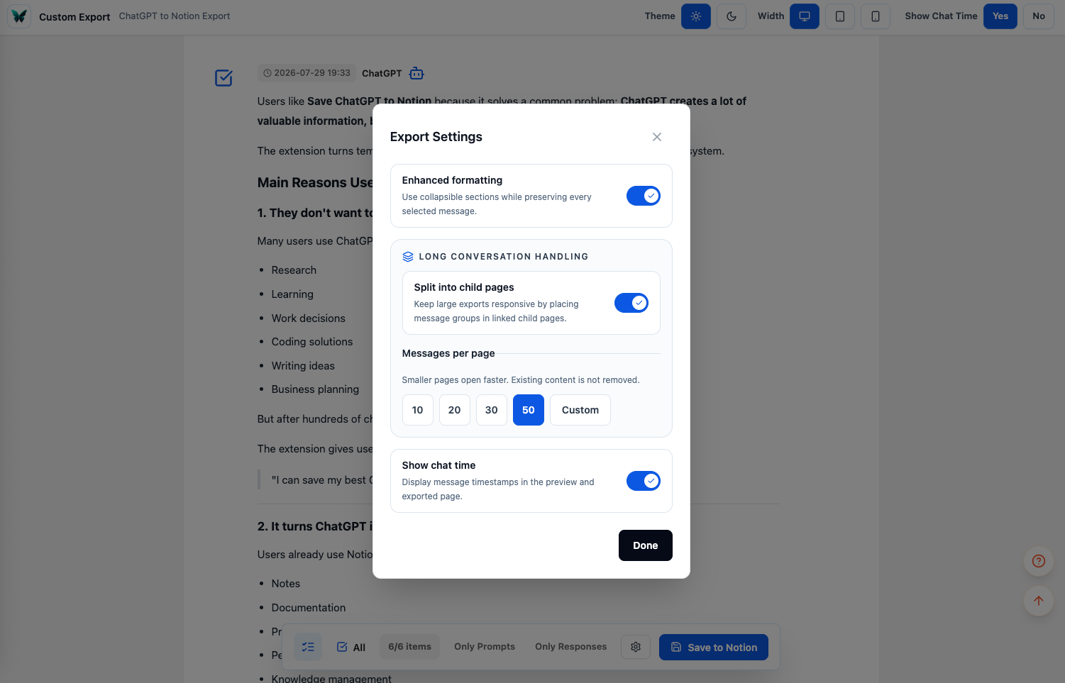 Custom Export Settings for formatting, child pages, page size, and chat time