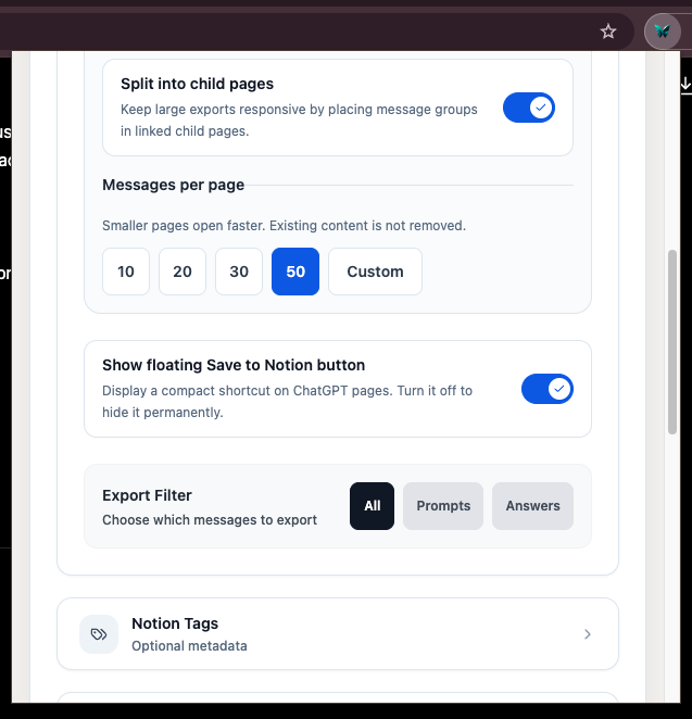Export Filter with All, Prompts, and Answers options