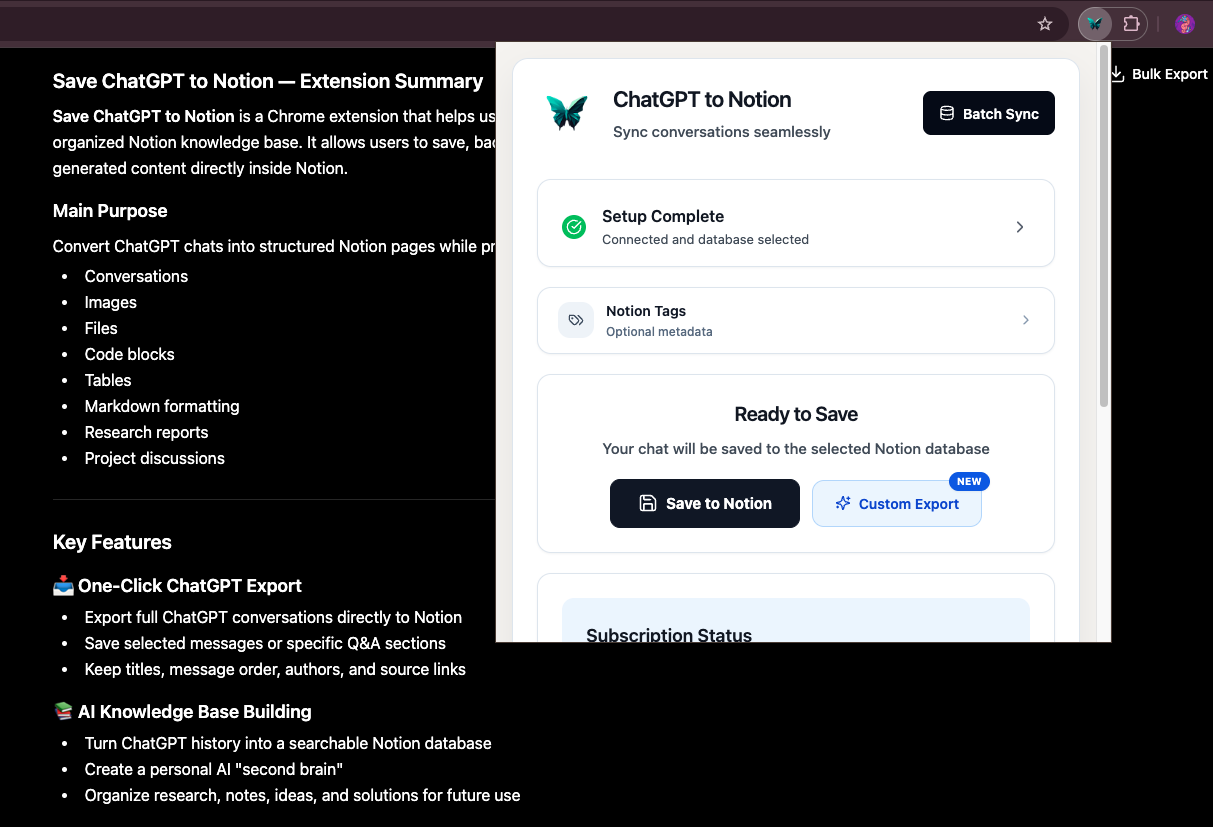 ChatGPT to Notion popup with setup complete and the main export actions