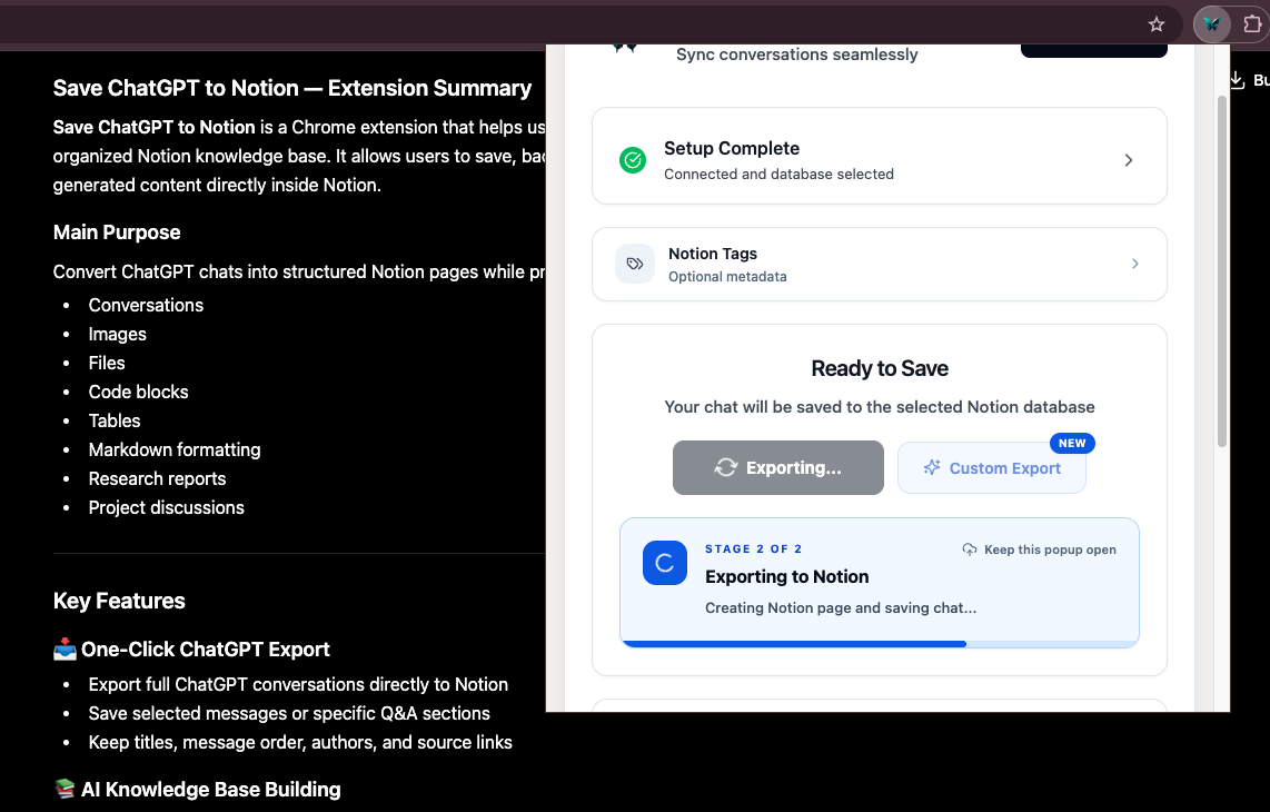 ChatGPT to Notion popup showing export progress