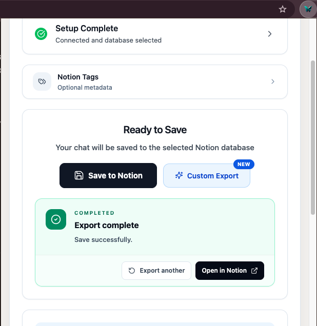 Completed popup export with the Open in Notion action