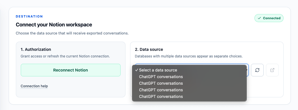 Refresh and open the authorized Notion destination list