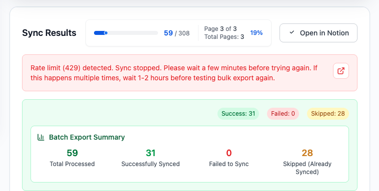 Bulk export stopped after a ChatGPT 429 rate limit was detected