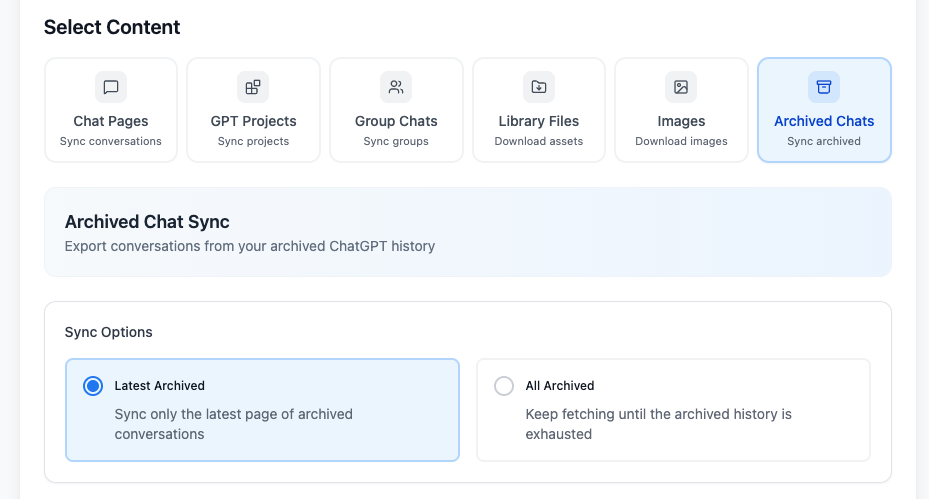 Archived Chats sync mode for exporting archived ChatGPT conversations