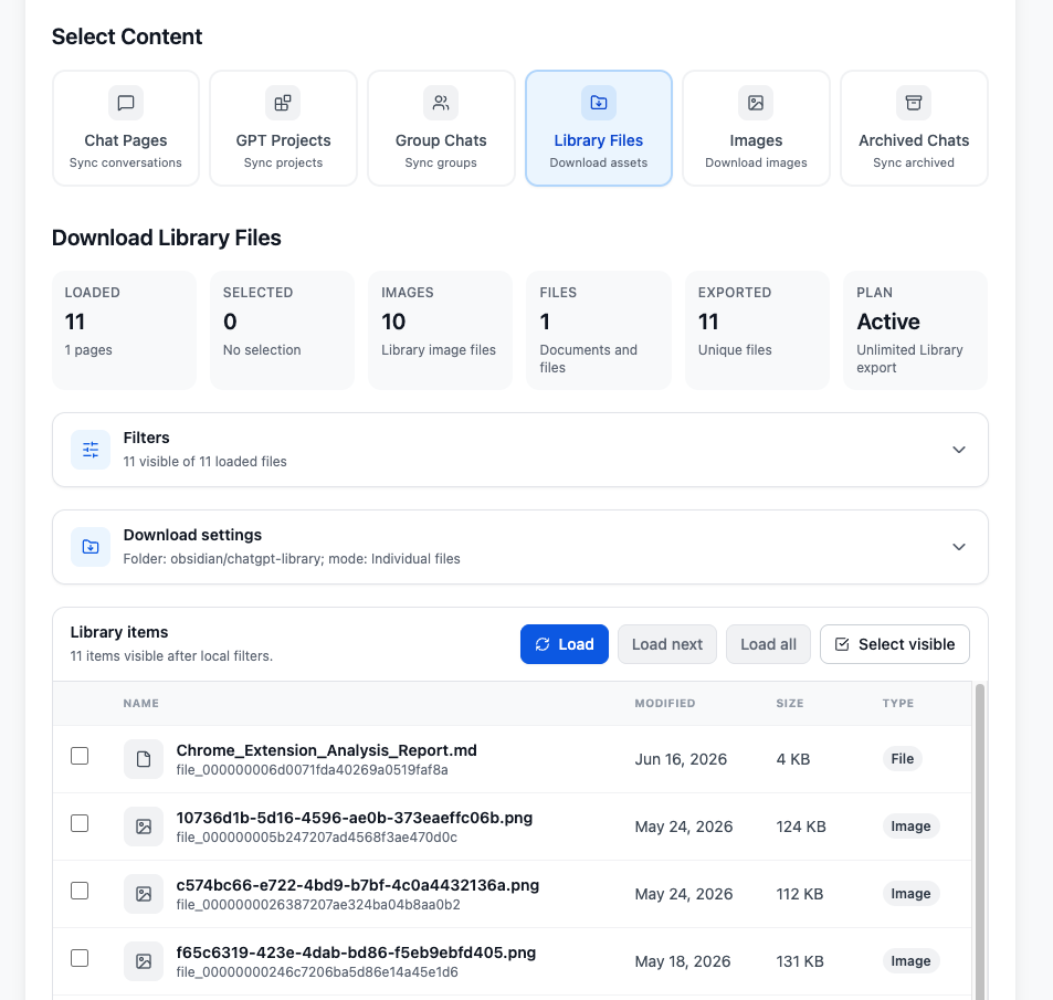 Library Files content mode for downloading ChatGPT Library assets