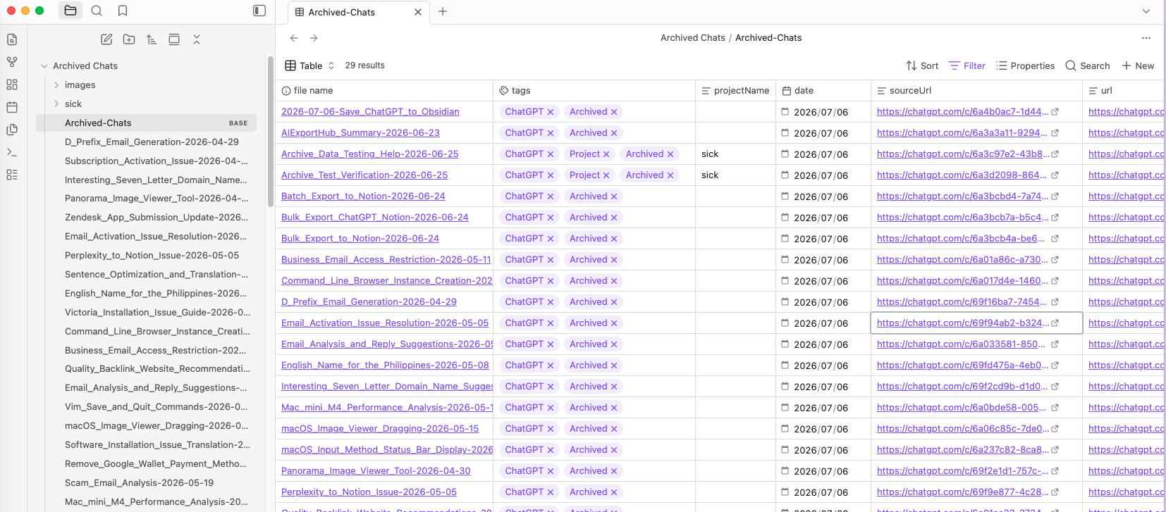 Archived Chats exported into Obsidian