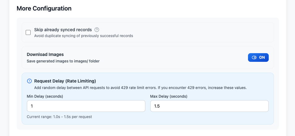 Skip synced records and request delay settings
