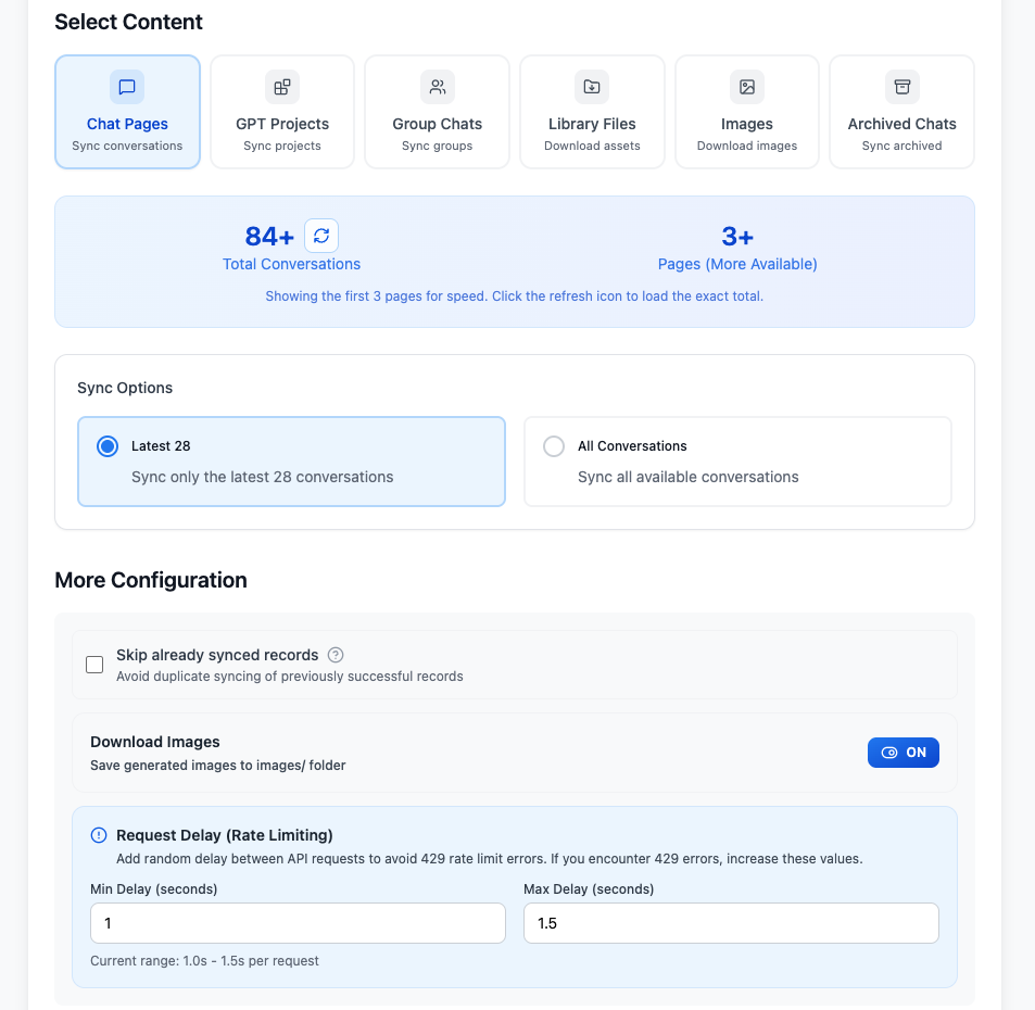 Chat Pages scope with conversation and page estimates, Latest 28, and All Conversations