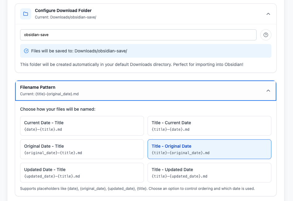 Expanded Filename Pattern configuration with all six presets and the selected pattern