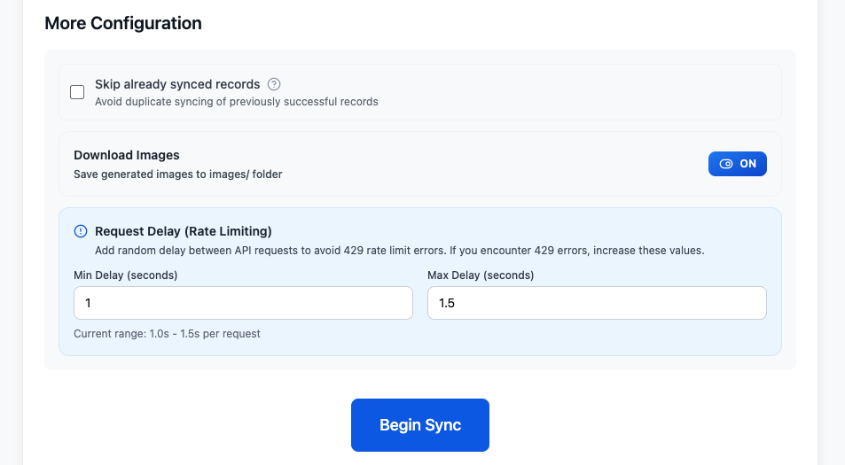 More Configuration with skip-synced, image-download, and Min and Max Delay settings