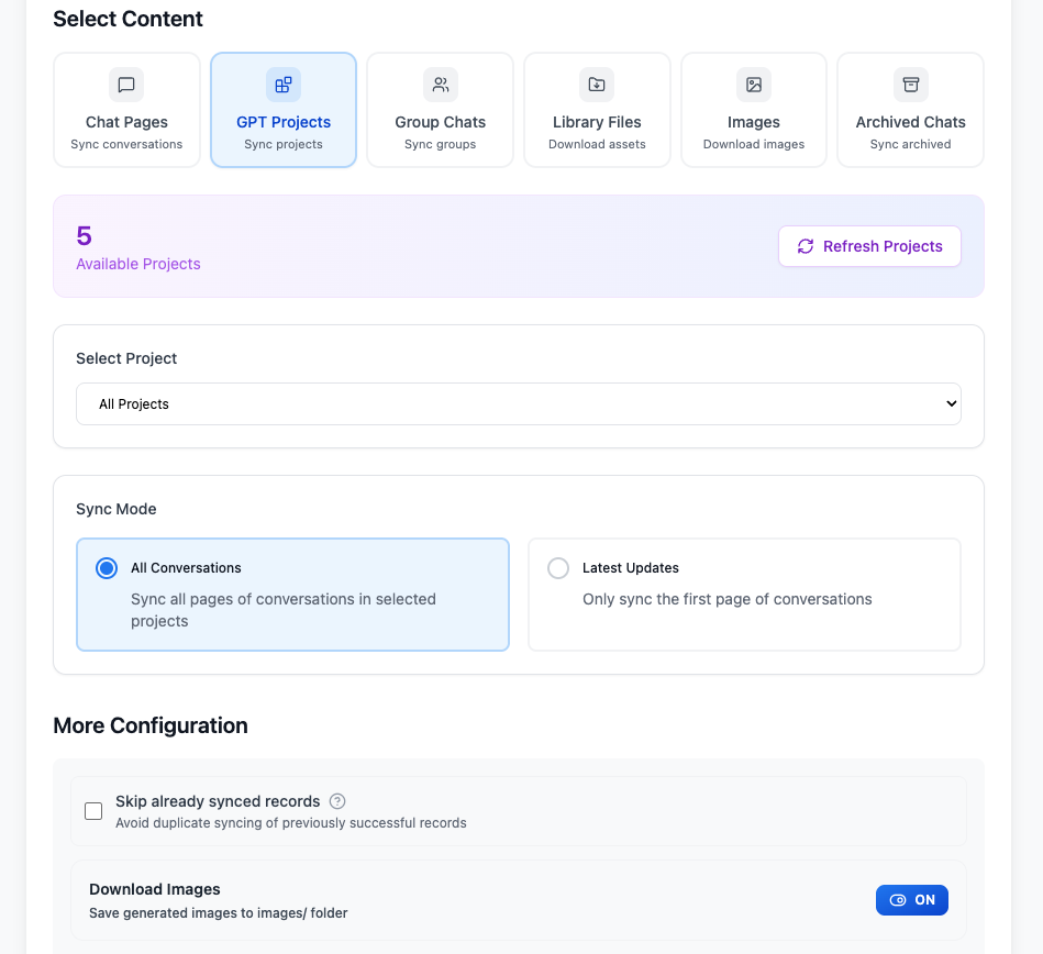 GPT Projects mode with the project selector, All Conversations, and Latest Updates options