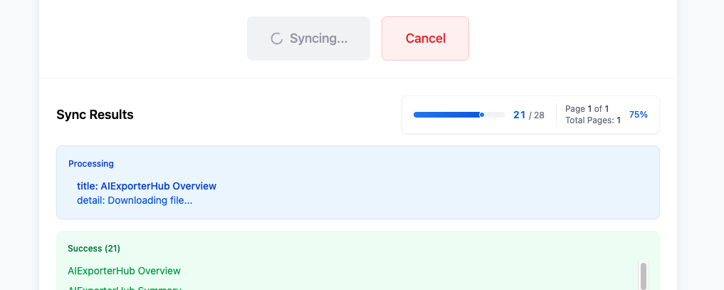 Bulk sync in progress with processed-item and page progress plus the Cancel action