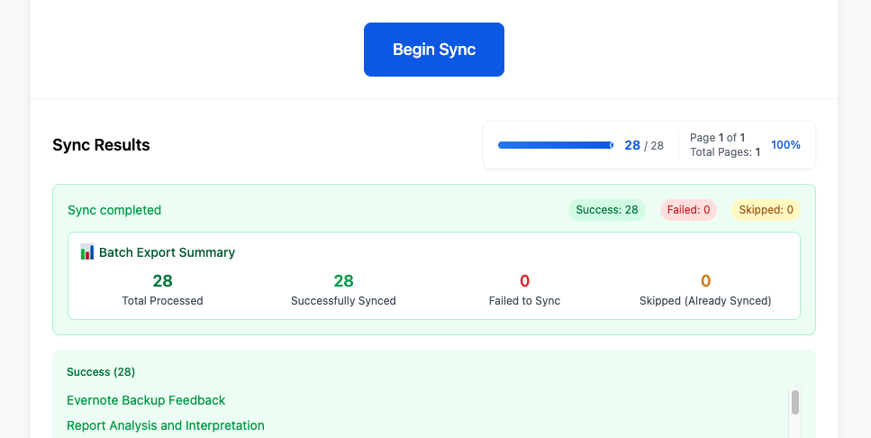 Completed bulk sync showing processed, success, failed, and skipped totals