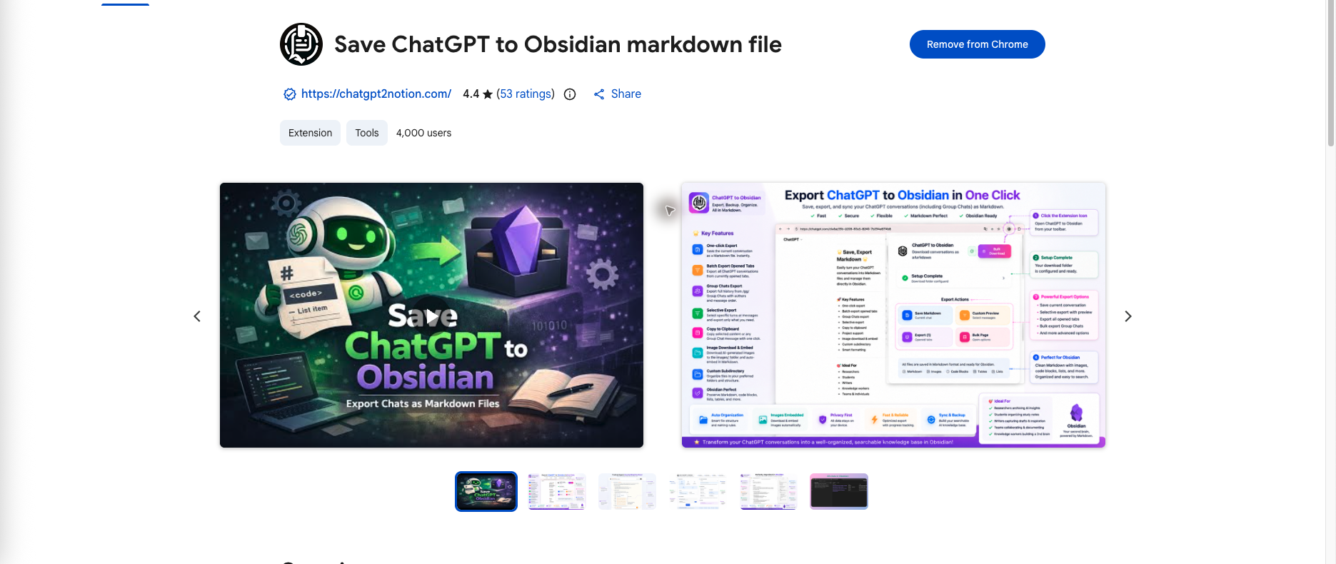 ChatGPT to Obsidian listing in the Chrome Web Store with the installed state visible