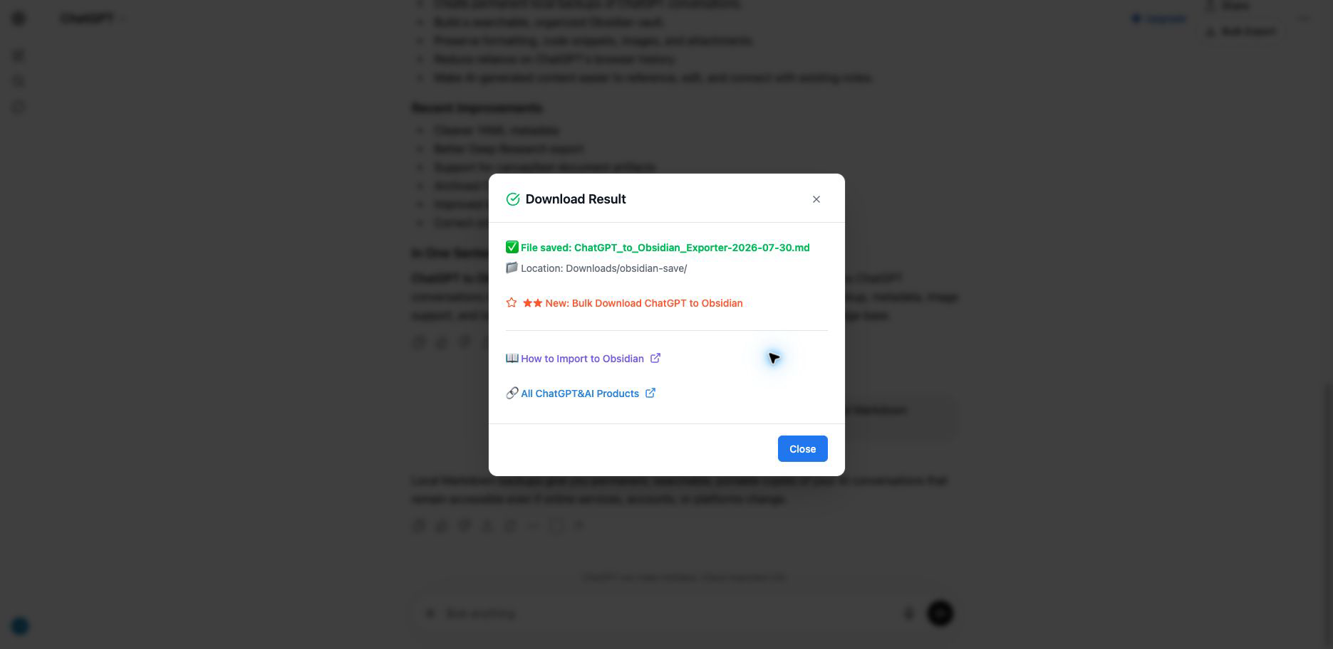 Current ChatGPT conversation saved successfully to the configured Markdown folder