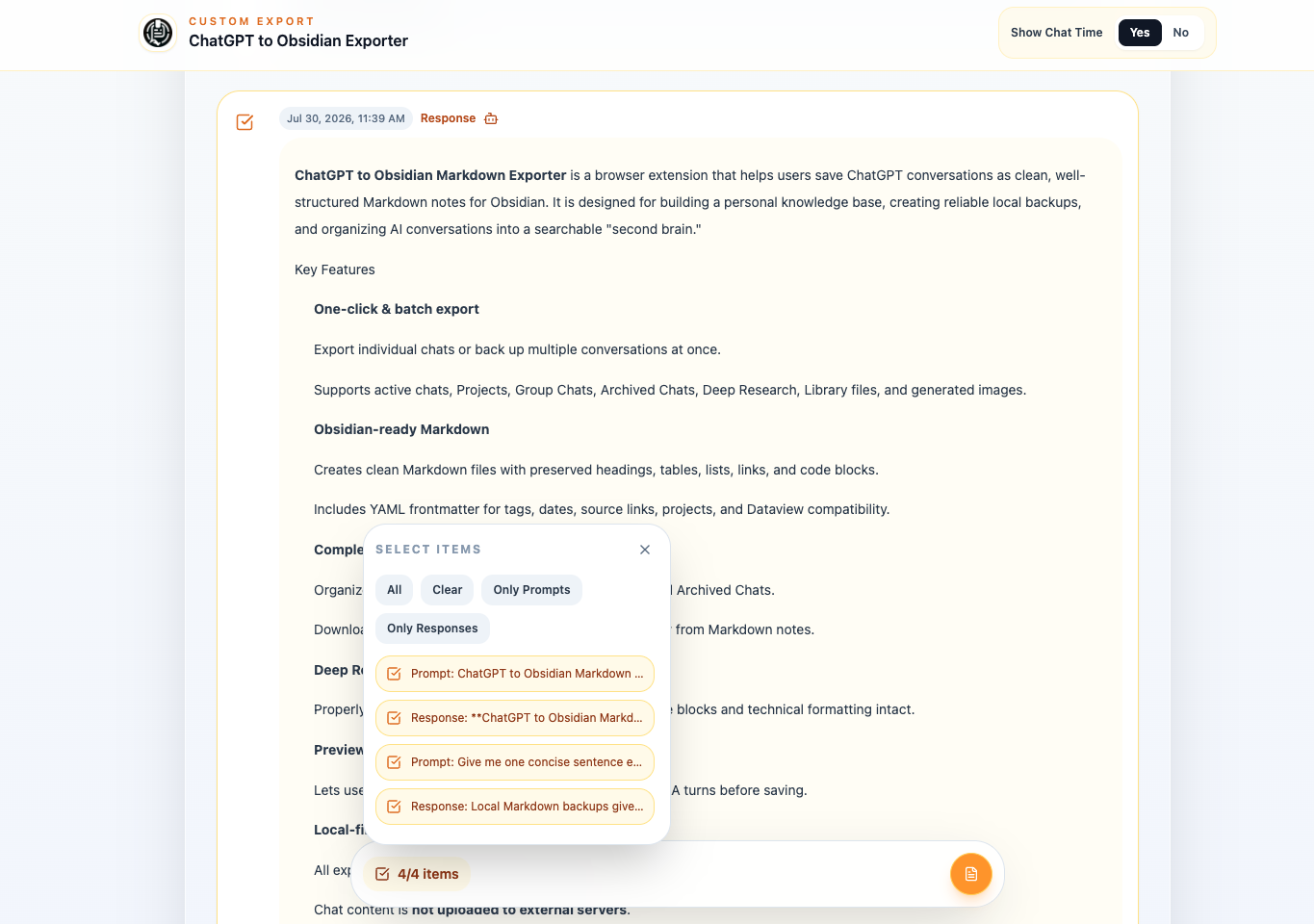 Custom Export Preview selection menu with All, Clear, Only Prompts, Only Responses, and individual message shortcuts